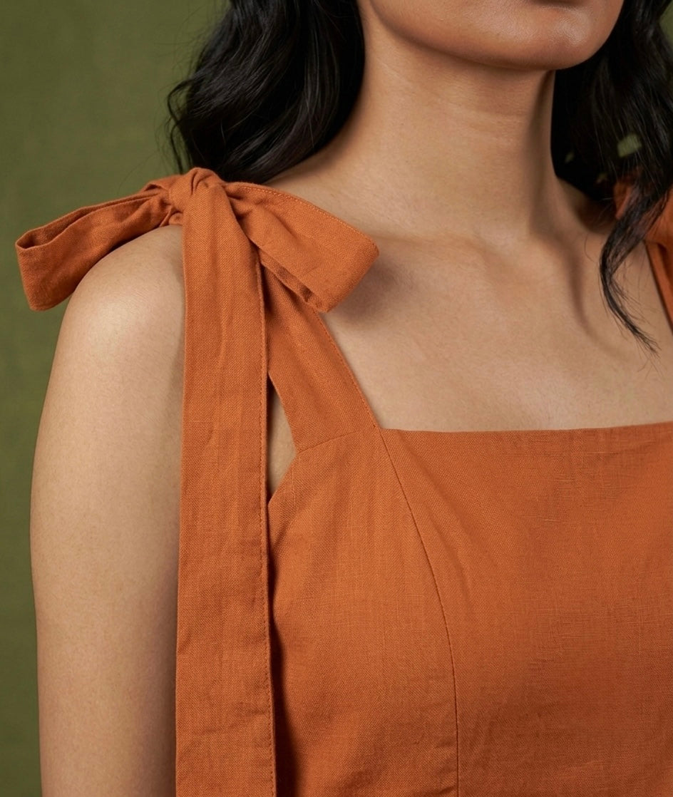 Rust Heritage Tie-Shoulder Midi Dress
