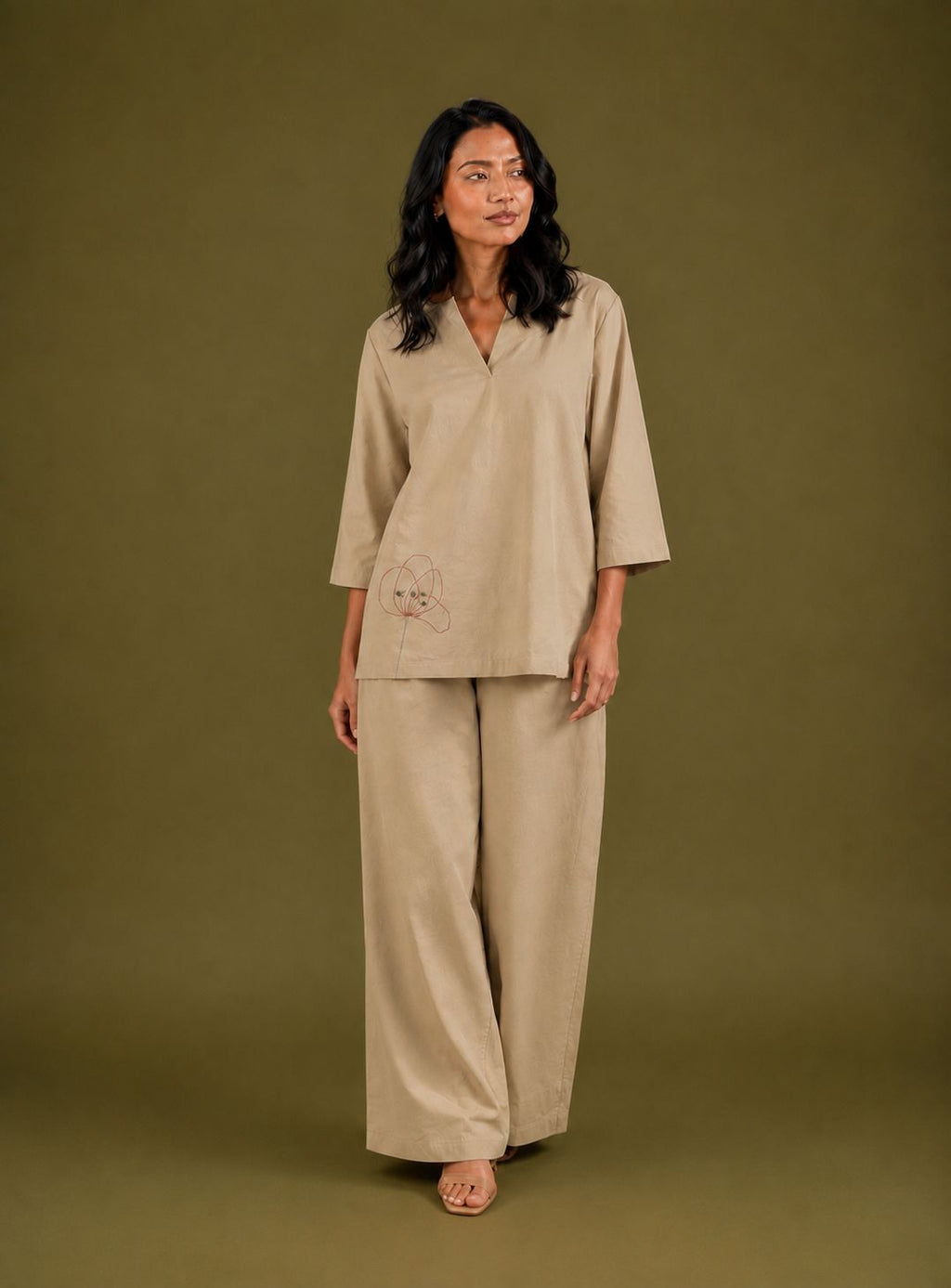 BEIGE-THREAD WORK CO-ORD SET