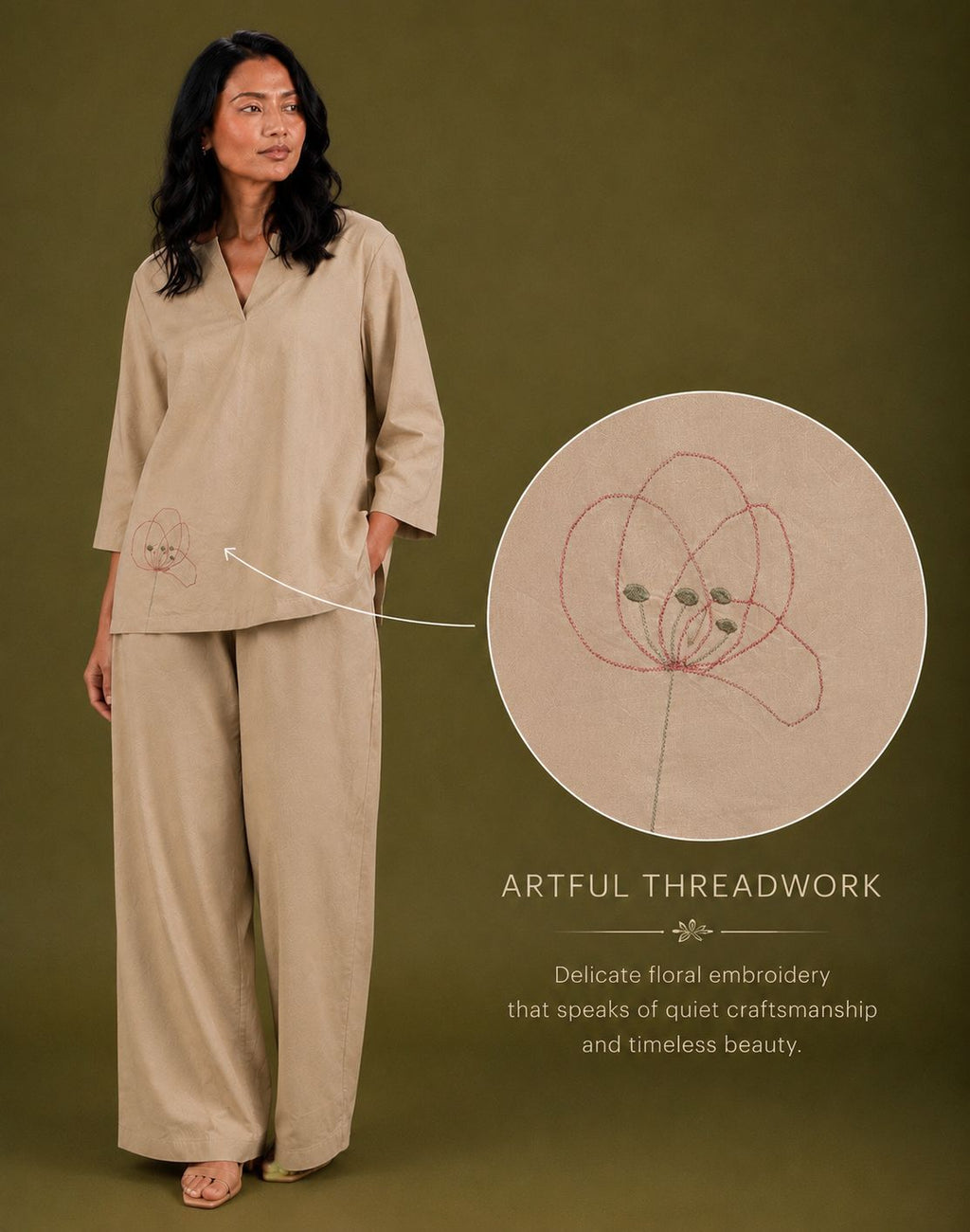 BEIGE-THREAD WORK CO-ORD SET